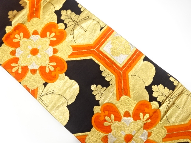JAPANESE KIMONO / ANTIQUE FUKURO OBI / SILK / WOVEN FLORAL CREST & PAULOWNIA